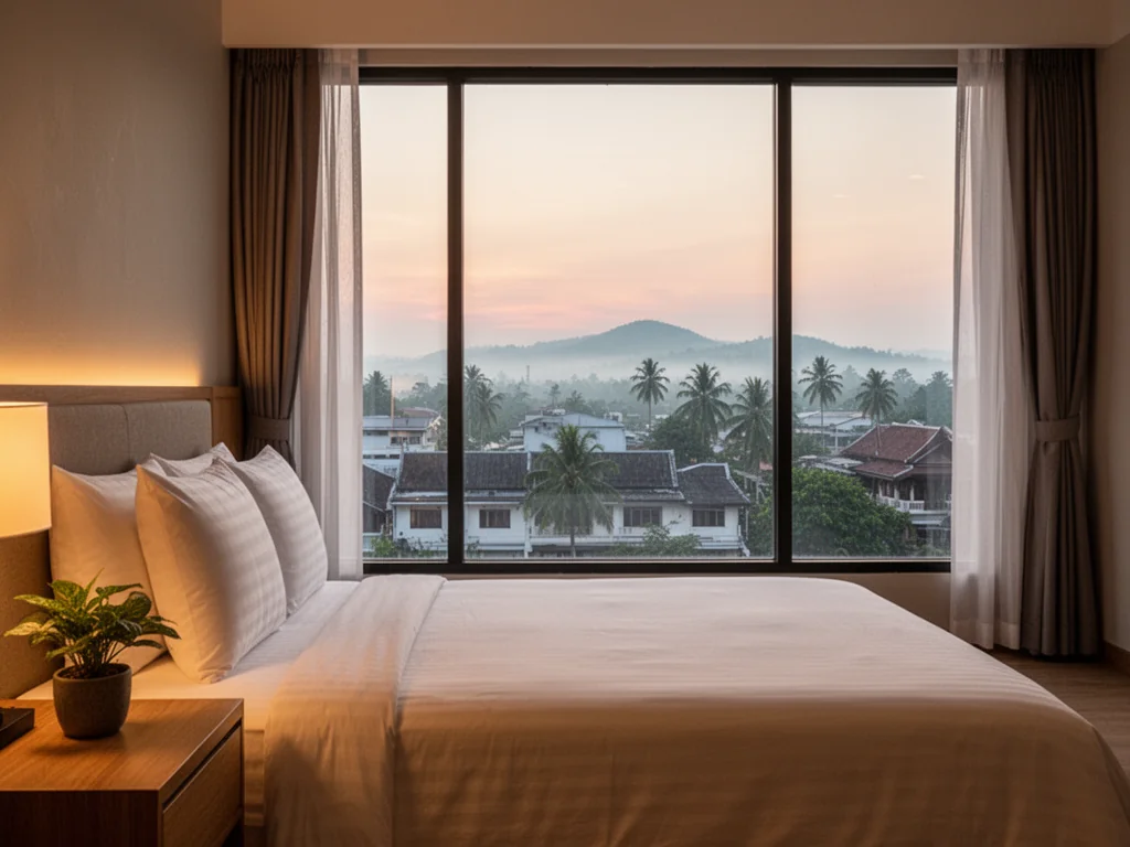 Przytulny, nowoczesny pokój hotelowy w Chiang Rai z widokiem z łóżka na miasto, palmy i mglist wzgórza o zmierzchu.
