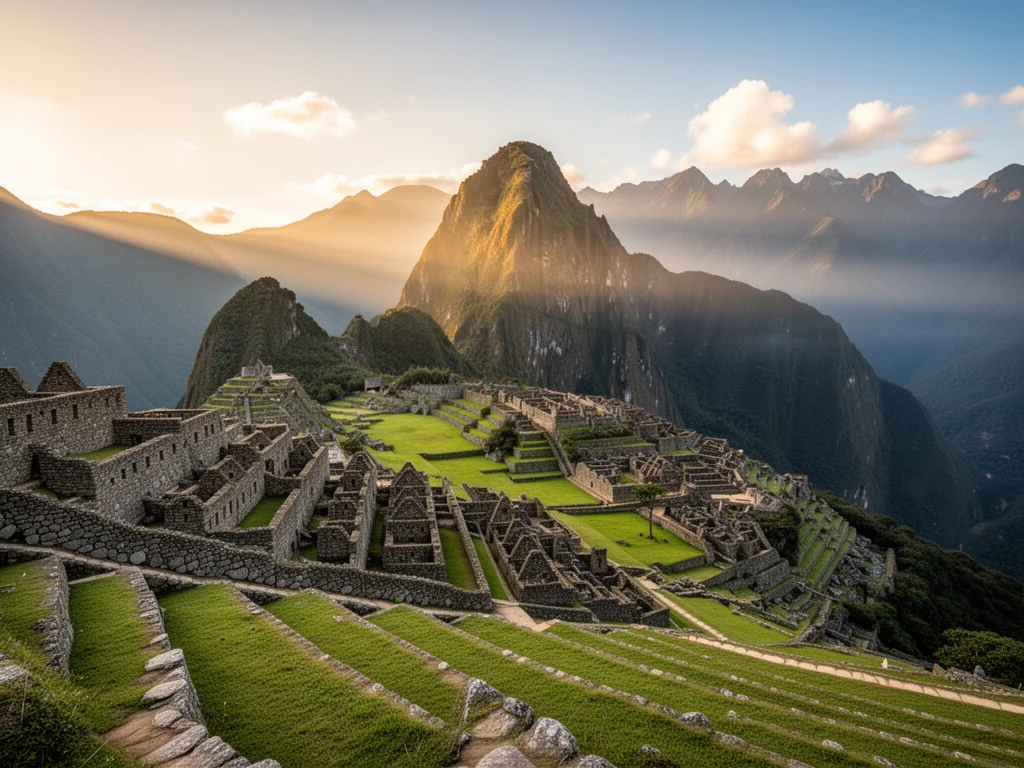 Panoramiczny widok Machu Picchu o wschodzie słońca, z tarasami, ruinami i górą Huayna Picchu w tle, otoczony mgłą i zielenią.