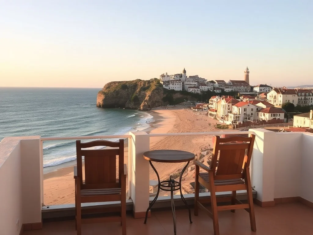 Balkon z widokiem na plażę Nazaré, spokojne fale Atlantyku i białe domy z czerwonymi dachami o zachodzie słońca.
