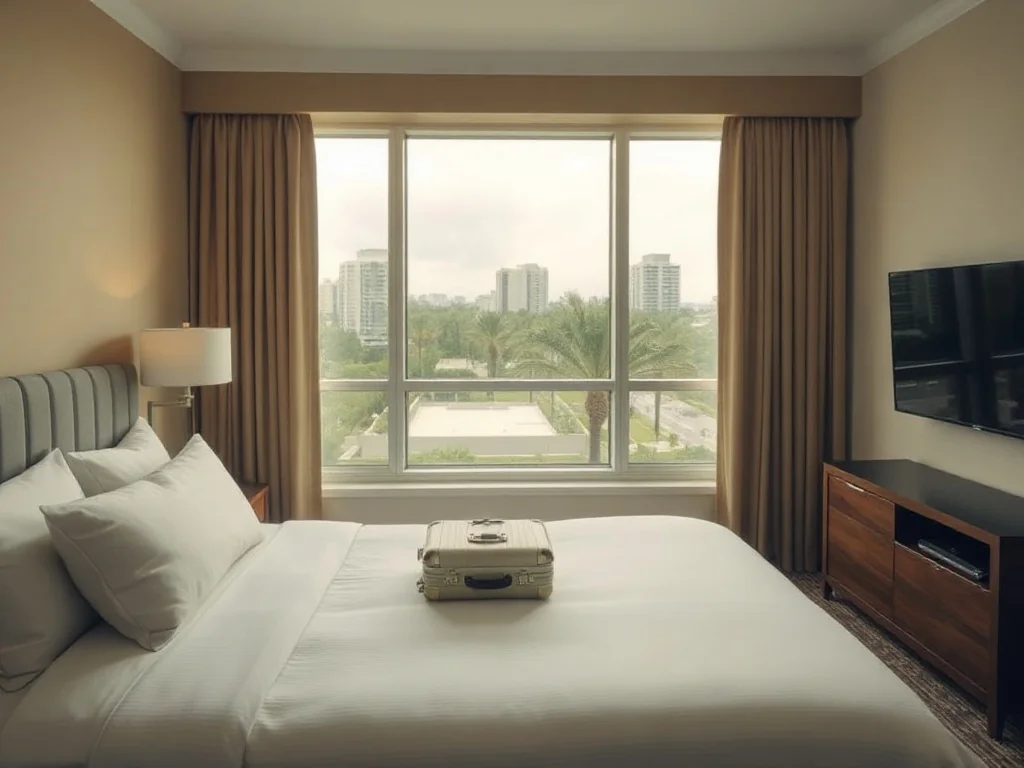 Przytulny pokój hotelowy w Fort Lauderdale z łóżkiem, walizką i widokiem na palmy, idealny na nocleg blisko plaży.