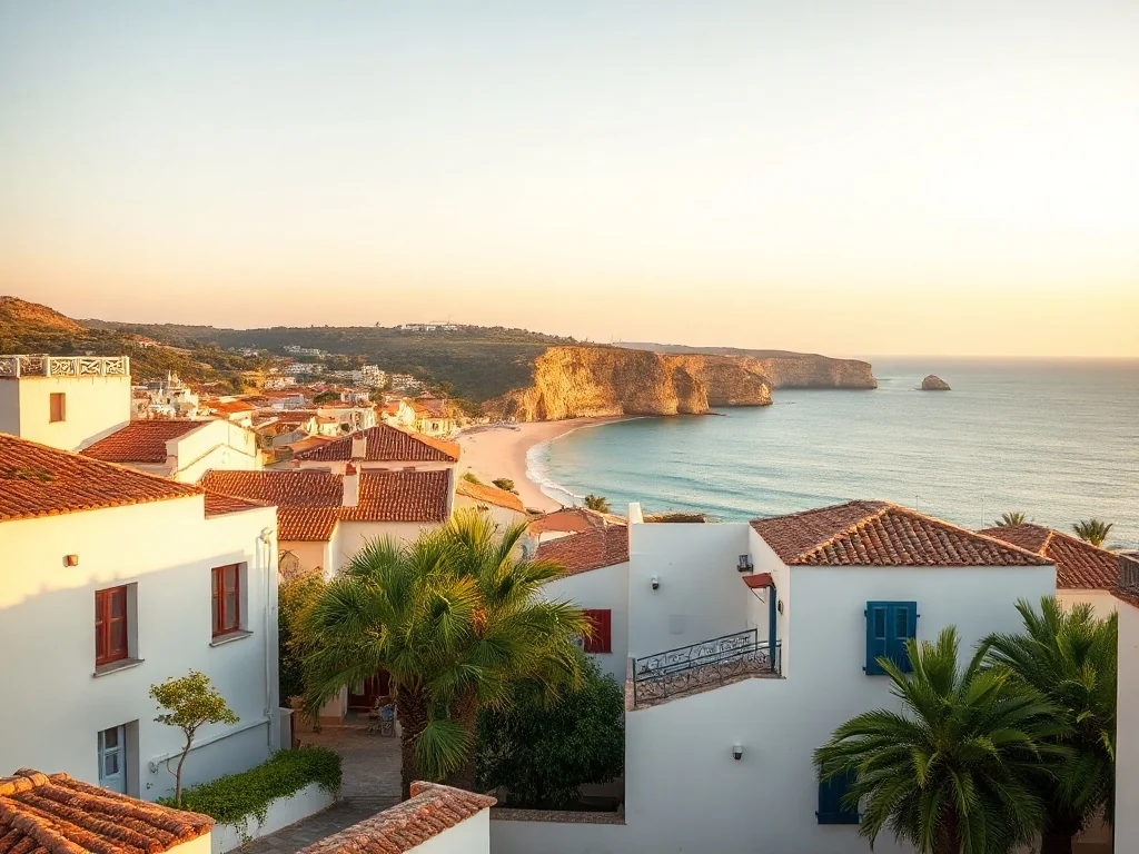 Albufeira o zachodzie słońca: białe domy, palmami, brukowane uliczki oraz złota plaża nad turkusowym oceanem.