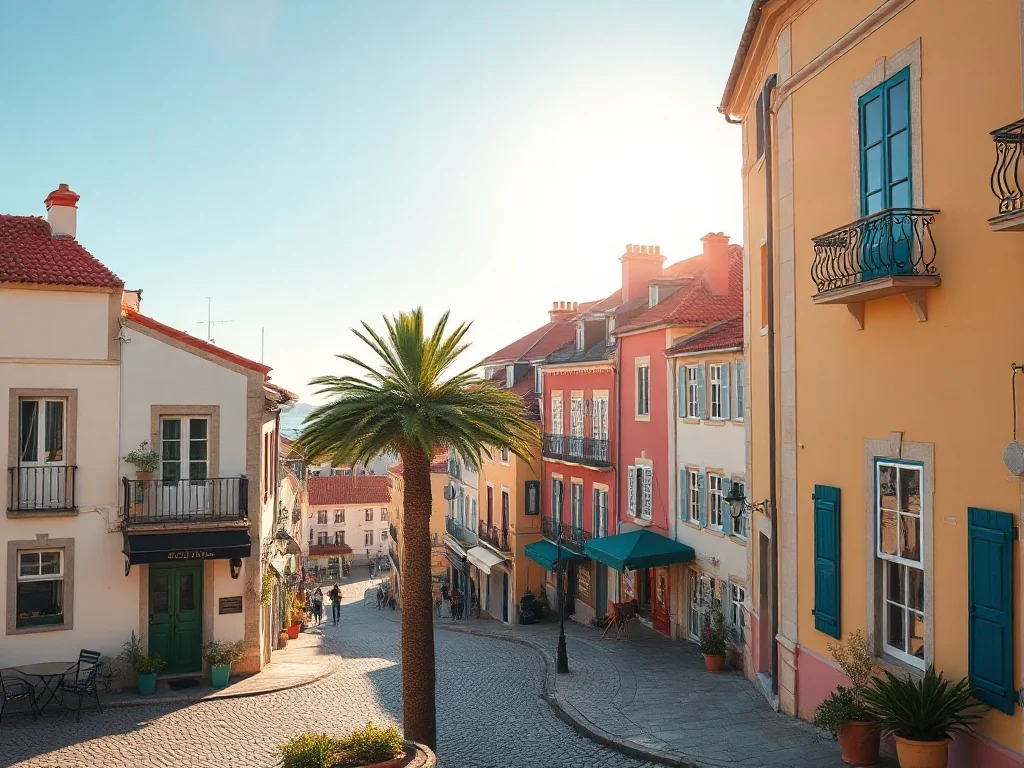 Zaciszny plac w Cascais o złotej godzinie, mały hotel z balkonami, brukowana uliczka prowadzi w stronę oceanu.