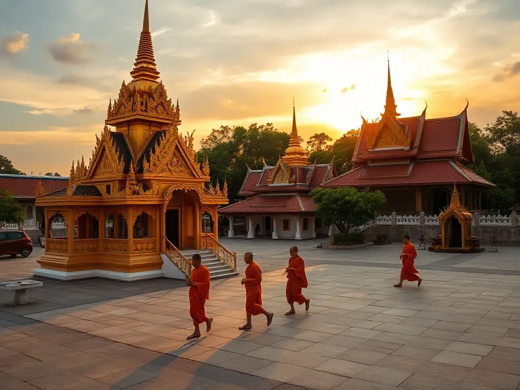 Złota świątynia buddyjska w Chiang Mai o zachodzie słońca, z mnichami w pomarańczowych szatach na kamiennym dziedzińcu.