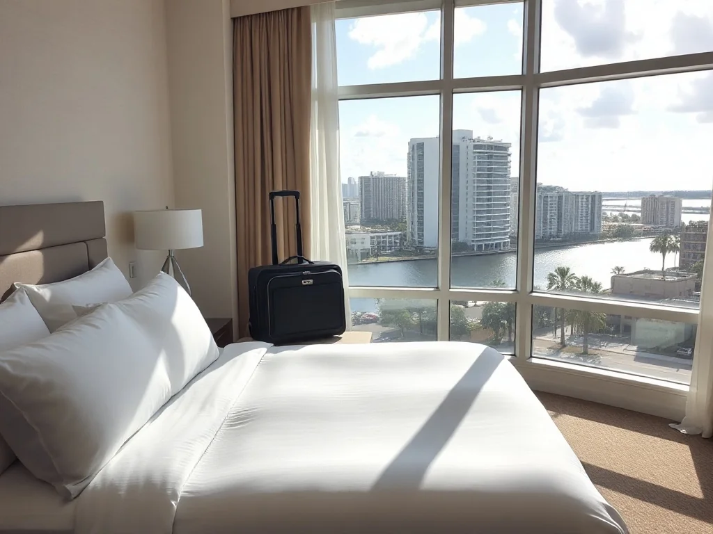 Jasny, nowoczesny pokój hotelowy w Tampa z widokiem na miasto i palmami, gotowy na pobyt w czasie podróży po USA.
