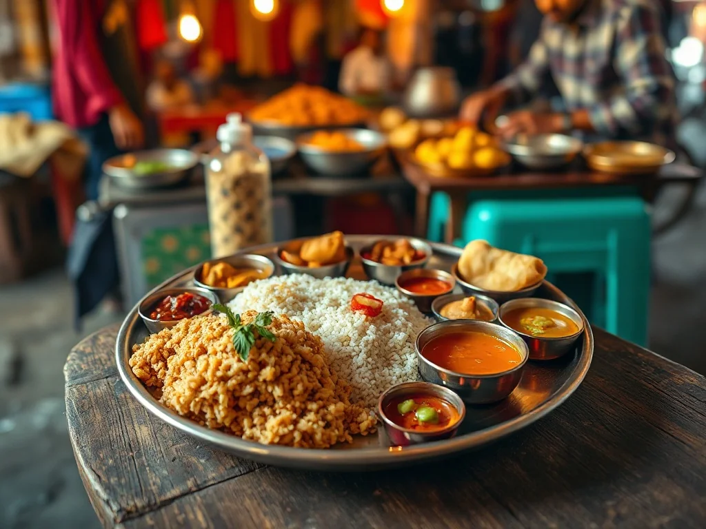 Tradycyjny thali z Indore z poha, kachori, samosami i chutney, serwowany przy ulicznym stoisku na gwarnym targu.