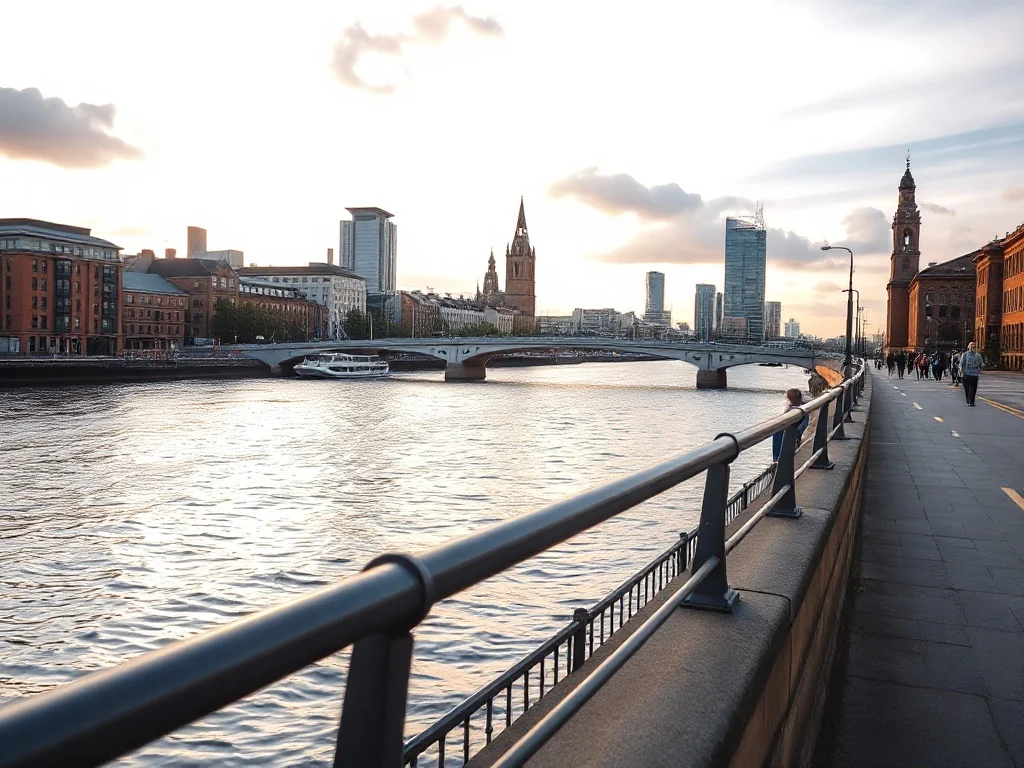 Nadrzeczny spacer nad Clyde o złotej godzinie z widokiem na most Clyde Arc i panoramę Glasgow.