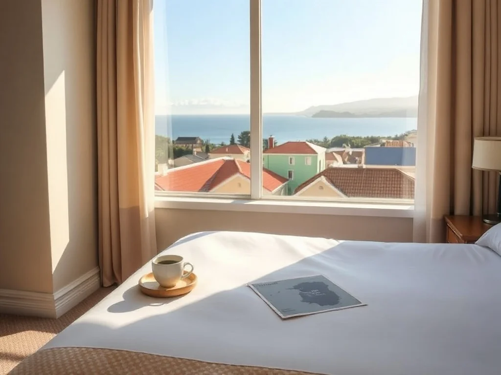 Przytulny pokój hotelowy w Ponta Delgada z widokiem na ocean i kolorowe dachy, idealny nocleg na wakacje na Azorach