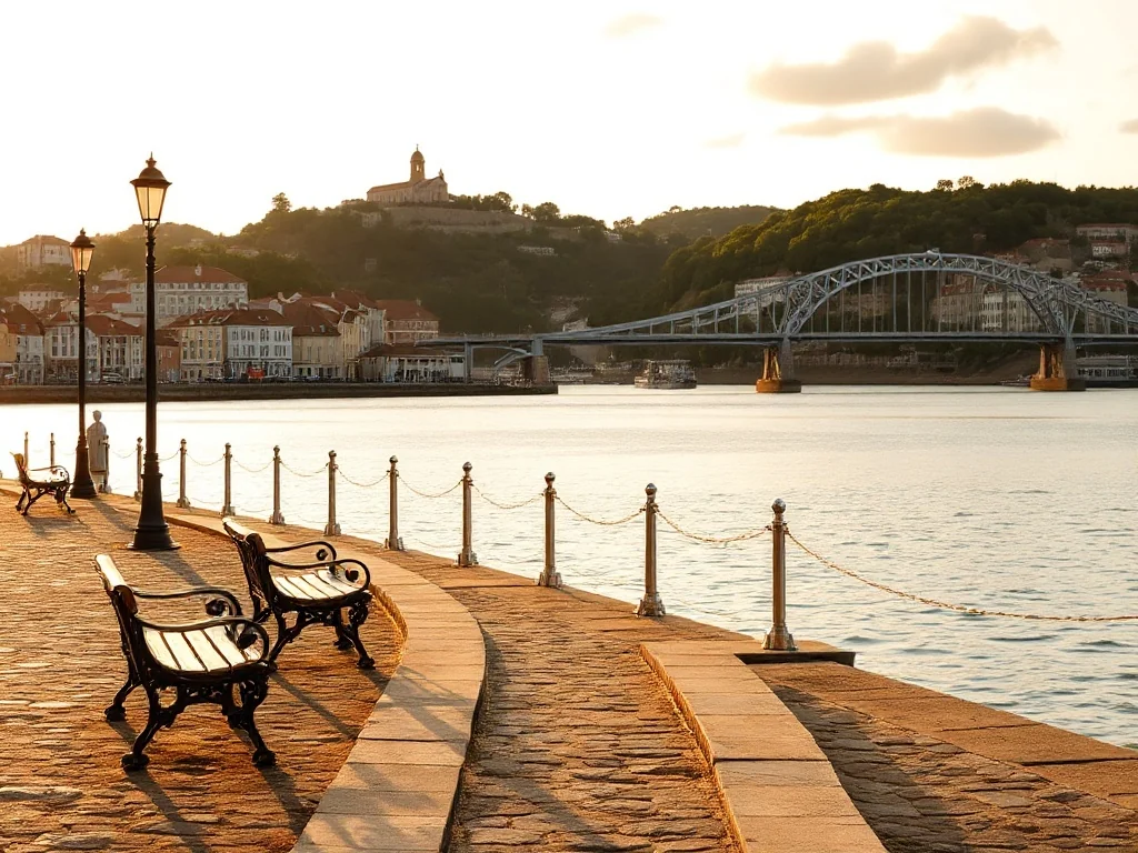 Promenada nad rzeką w Viana do Castelo o złotej godzinie, z widokiem na most, kolorowe kamienice i wzgórze z kościołem.
