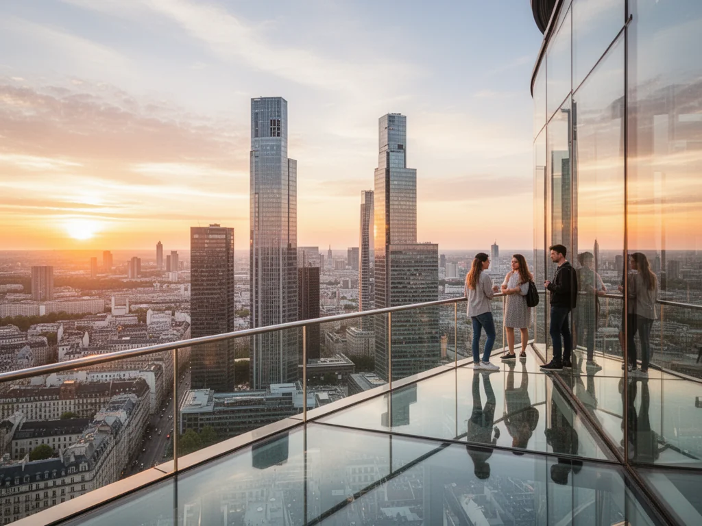 Taras widokowy Varso Tower o zachodzie słońca, ludzie podziwiają panoramę miasta i nowoczesne wieżowce za szklaną balustradą