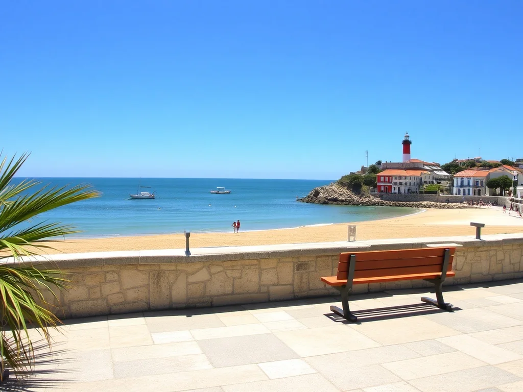 Słoneczne wybrzeże Cascais z plażą, łodziami i latarnią morską, zachęcające do spacerów i wypoczynku nad morzem.