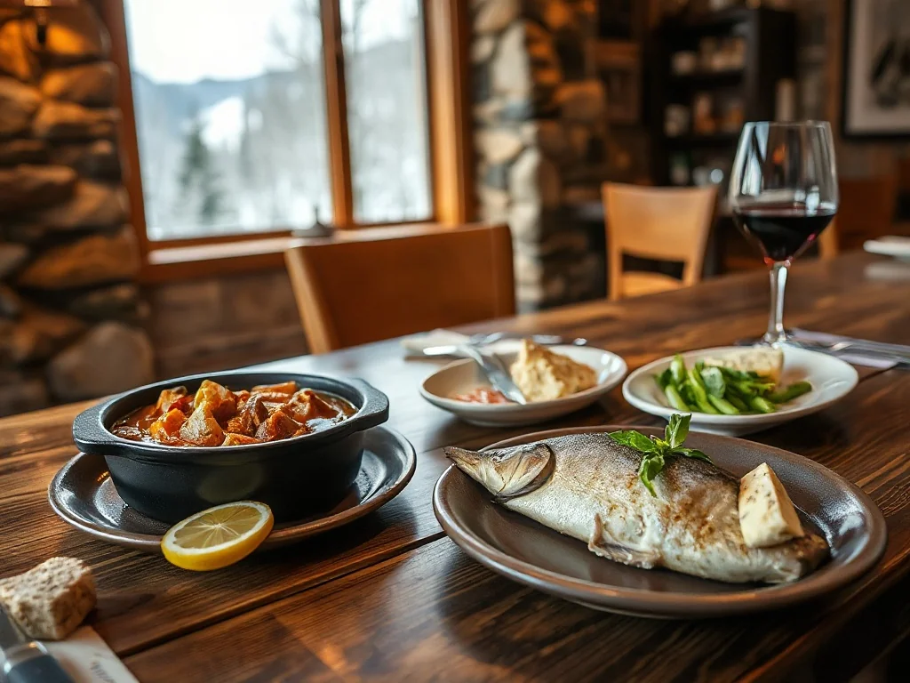 Tradycyjne górskie dania w przytulnej restauracji w Aspen, z widokiem na ośnieżone szczyty i lasy osikowe.
