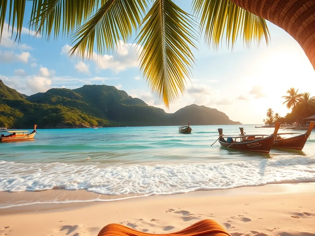 Relaks na słonecznej plaży Phuket o złotej godzinie, turkusowe morze, białe piaski i kolorowe łodzie long-tail w tle