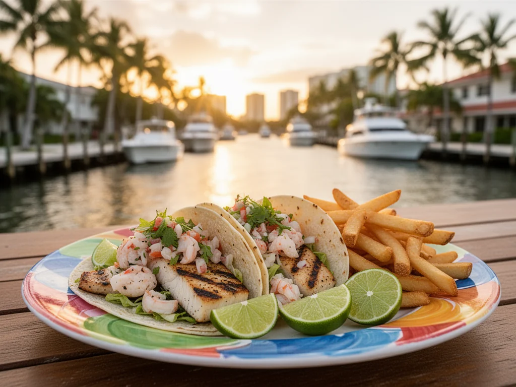 Talerz z kolorowymi tacos z owocami morza i frytkami na tle słonecznego nabrzeża Fort Lauderdale o zachodzie słońca