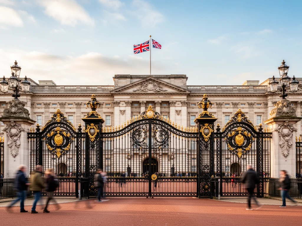 Pałac Buckingham z czarno‑złotą bramą, powiewającą flagą i turystami spacerującymi przed historyczną rezydencją monarchy