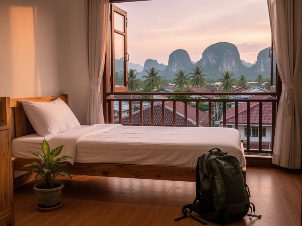 Przytulny pokój guesthouse w Krabi Town z widokiem na dachy, palmy i wapienne wzgórza o zachodzie słońca, idealny na nocleg.