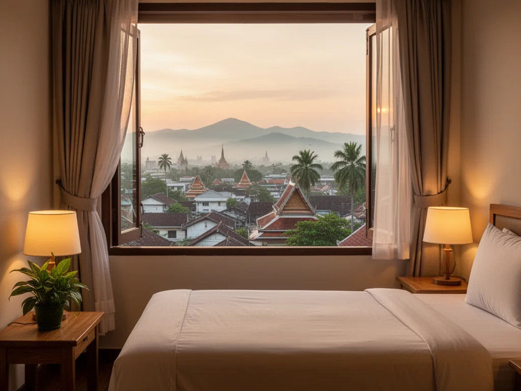 Przytulny pokój hotelowy w Chiang Mai z widokiem na dachy miasta, świątynie i góry o zachodzie słońca, idealny na spokojny nocleg.