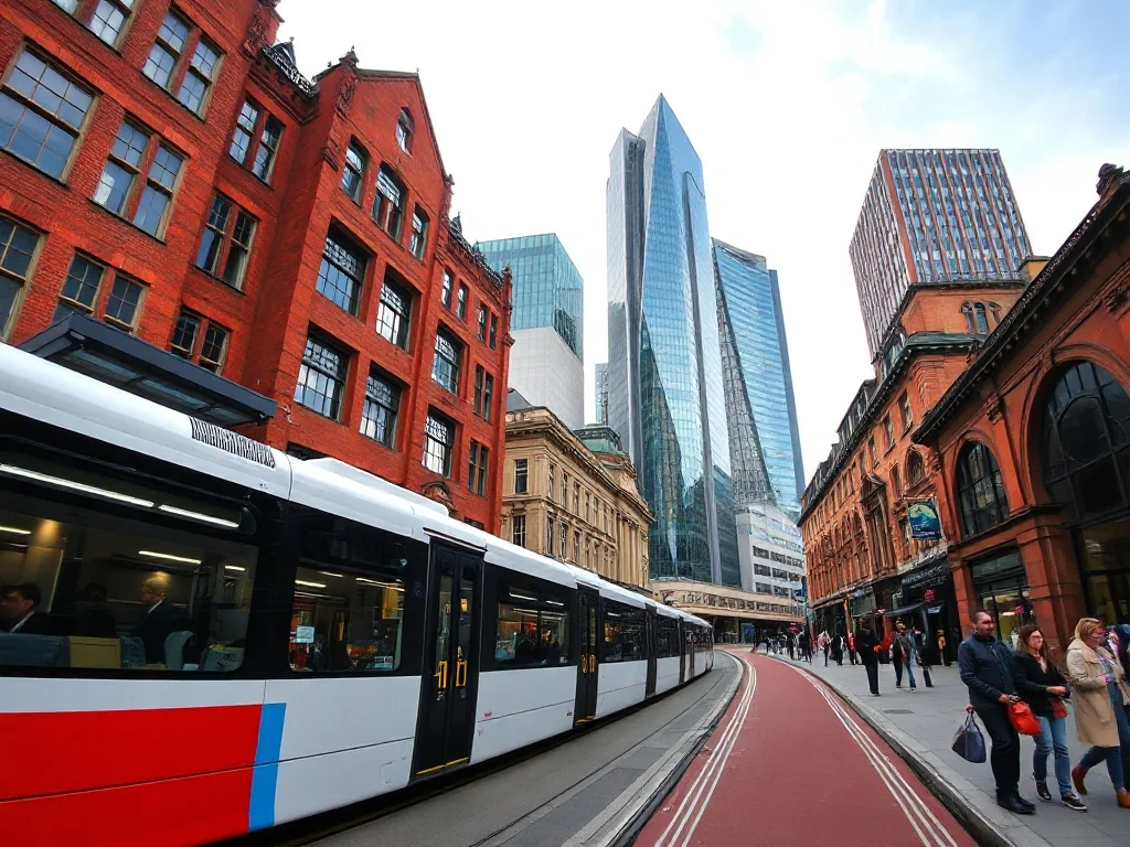 Nowoczesny tramwaj na tle czerwonej cegły i szklanych wieżowców Manchesteru, idealny wstęp do zwiedzania miasta.