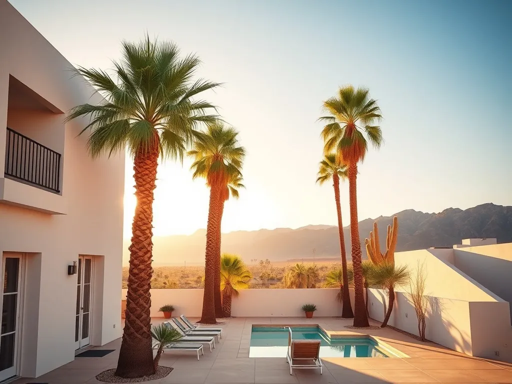 Minimalist hotel w Palm Springs z basenem, palmami i górami w tle, ukazujący klimat noclegu na pustyni o zachodzie słońca.