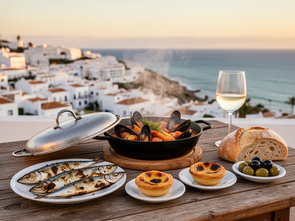 Tradycyjny portugalski stół w Albufeirze: grillowane sardynki, cataplana z owocami morza, pastel de nata i białe wino.