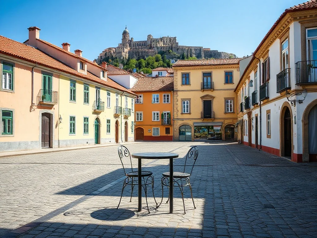 Urokliwy rynek Tomar w słońcu, kawiarniany stolik i widok na pastelowe kamienice oraz klasztor na wzgórzu.