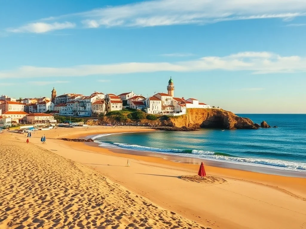 Złocista plaża w Albufeirze, białe domy na klifie i spokojne morze o zachodzie słońca, wakacyjny klimat Algarve.