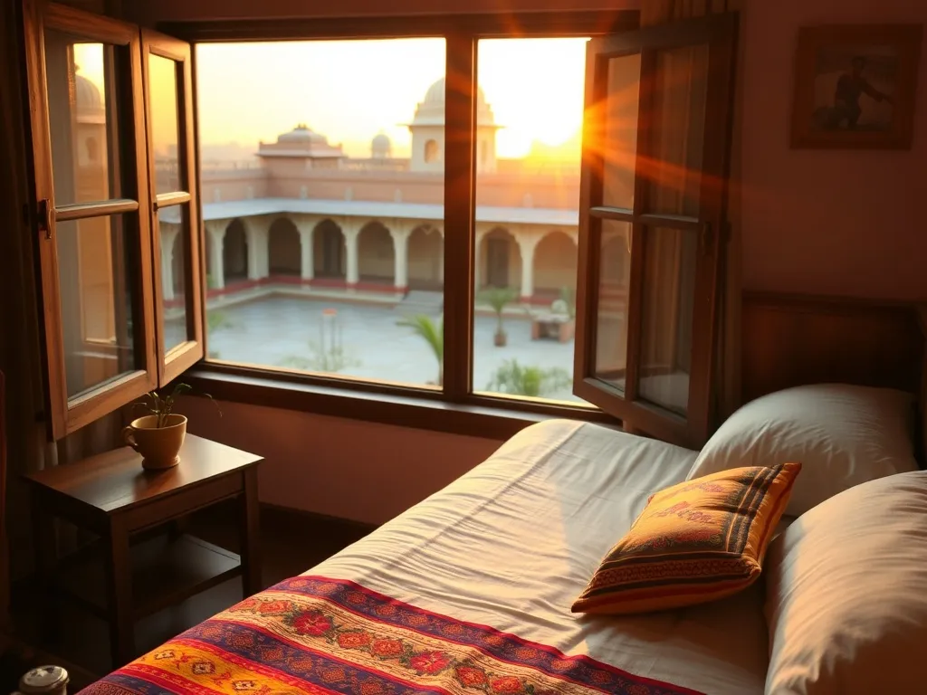 Przytulny pokój guesthouse w Amritsar o wschodzie słońca, proste łóżko z kolorowymi tkaninami, widok na spokojne podwórze