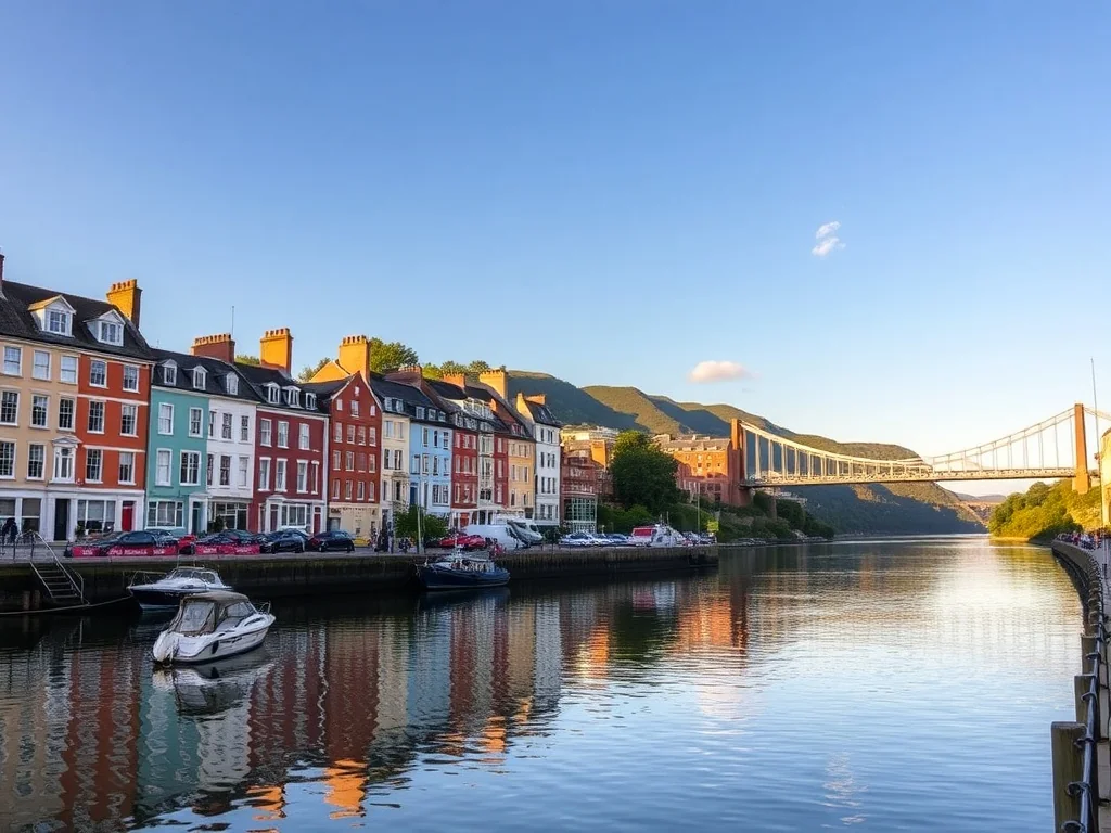 Kolorowe kamienice nad portem w Bristolu i most Clifton Suspension Bridge nad wąwozem Avon w ciepłym, popołudniowym świetle.
