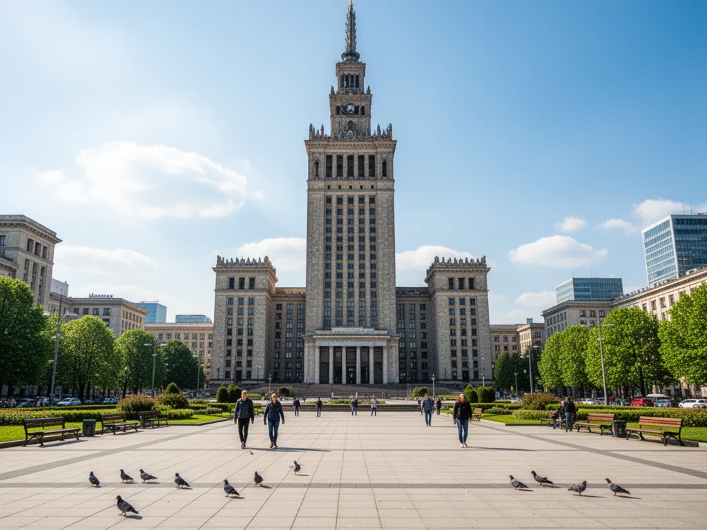 Pałac Kultury i Nauki w Warszawie na tle błękitnego nieba, widok z placu z przechodniami, ławkami i zielenią
