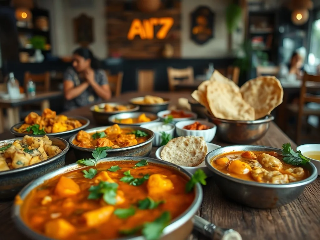 Kolorowe dania kuchni Surat na drewnianym stole w przytulnej knajpie, prezentujące lokalne curry, przekąski i pieczywo.