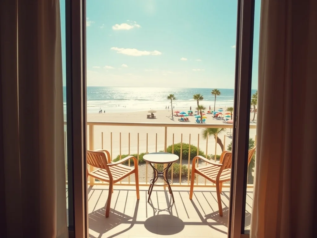 Balkon hotelowy z widokiem na piaszczystą plażę i ocean w Myrtle Beach, spokojna, słoneczna atmosfera wypoczynku