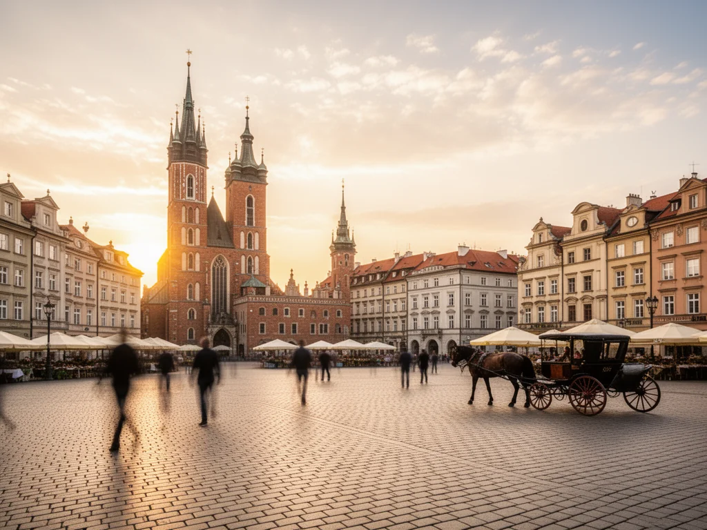 Rynek Główny w Krakowie o złotej godzinie, z Kościołem Mariackim, Sukiennicami i dorożką, zachęcający do spaceru po starówce.