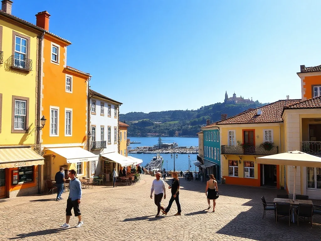 Słoneczny plac w Viana do Castelo z kolorowymi kamienicami, kafejką i widokiem na rzekę, zielone wzgórza oraz bazylikę na wzgórzu.