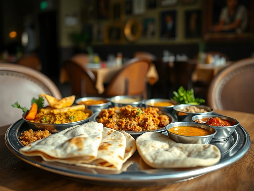 Tradycyjna gudżaracka thali z undhiyu, dal, kadhi, rotis i thepla na drewnianym stole w przytulnej, ciepłej restauracji.