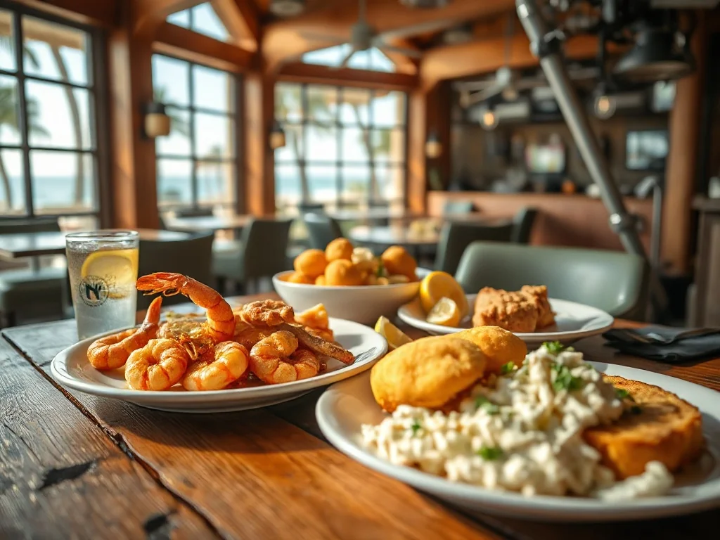 Stół w nadmorskiej restauracji zastawiony świeżymi daniami z owoców morza typowymi dla kuchni Myrtle Beach.