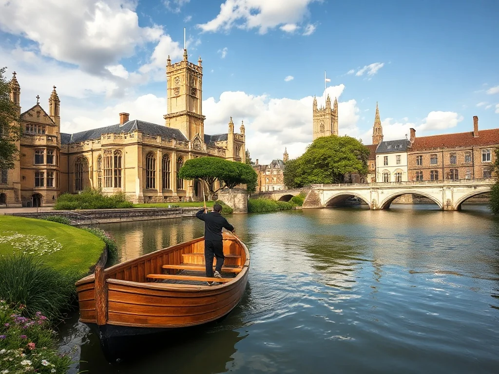 Letni dzień w Cambridge: łódź punt na rzece, z tyłu zabytkowe budynki uniwersytetu w stylu gotyckim.