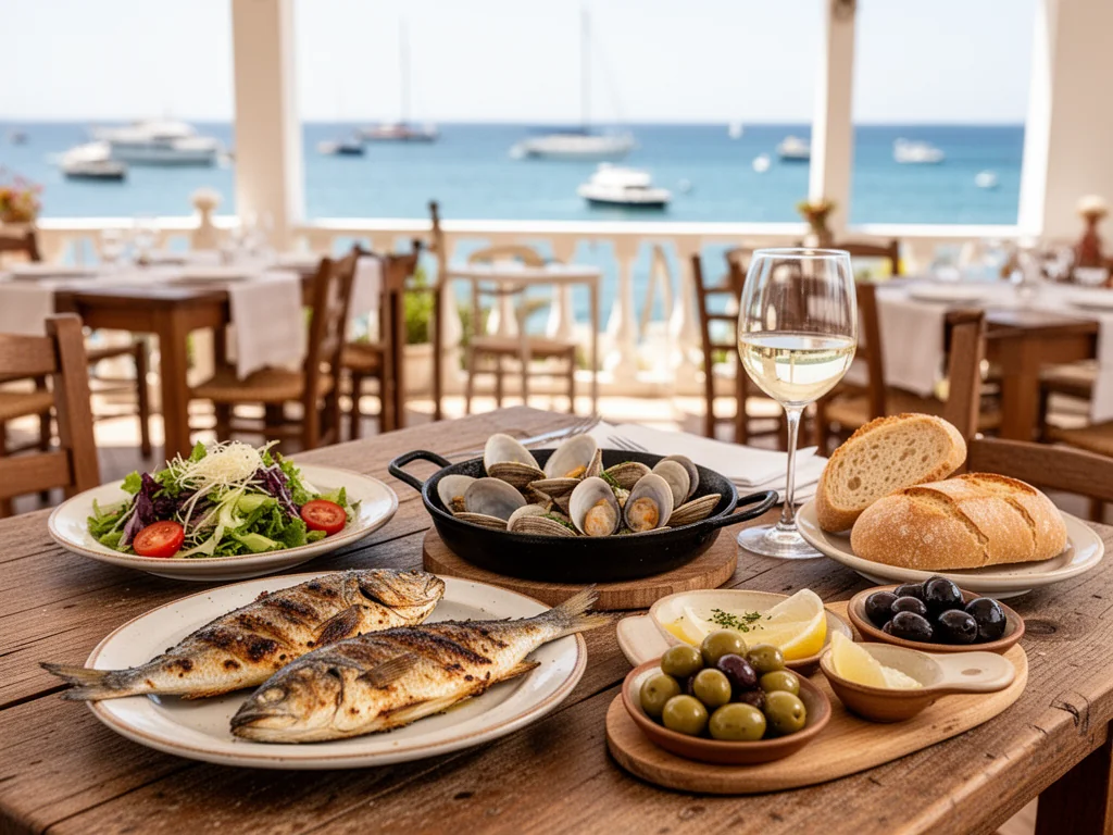 Tradycyjne portugalskie dania z owoców morza w Setúbal na drewnianym stole, w tle taras nadmorskiej restauracji.