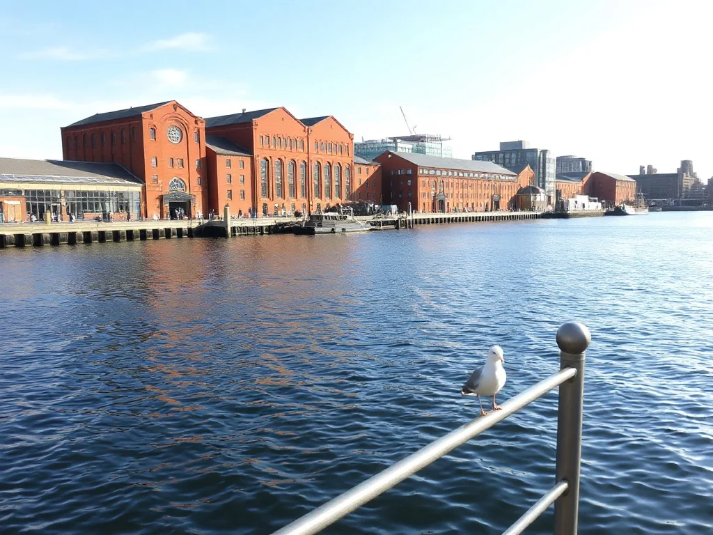 Nabrzeże Albert Dock w Liverpoolu w słoneczny dzień, spokojna woda, mewy i panorama historycznych magazynów oraz miasta.
