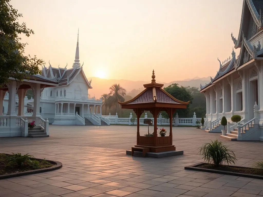 Świątynny dziedziniec Chiang Rai o wschodzie słońca, biały kompleks świątynny, domek duchów z kwiatami i kadzidłami.
