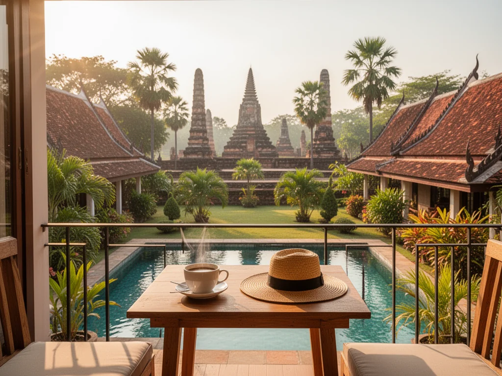 Poranek na tarasie butikowego hotelu w Sukhothai z kawą, basenem i widokiem na tropikalny ogród oraz pobliskie świątynie.