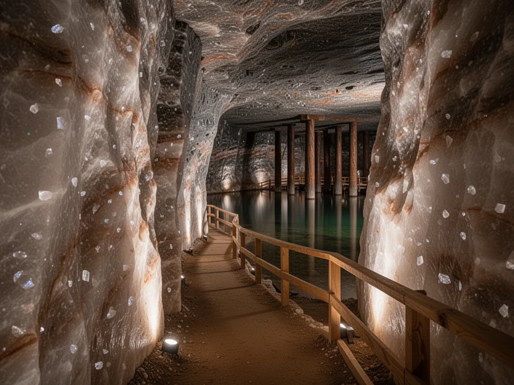 Podziemny korytarz Kopalni Soli w Wieliczce z solnymi ścianami, drewnianą barierką i jeziorem w oświetlonej komorze.