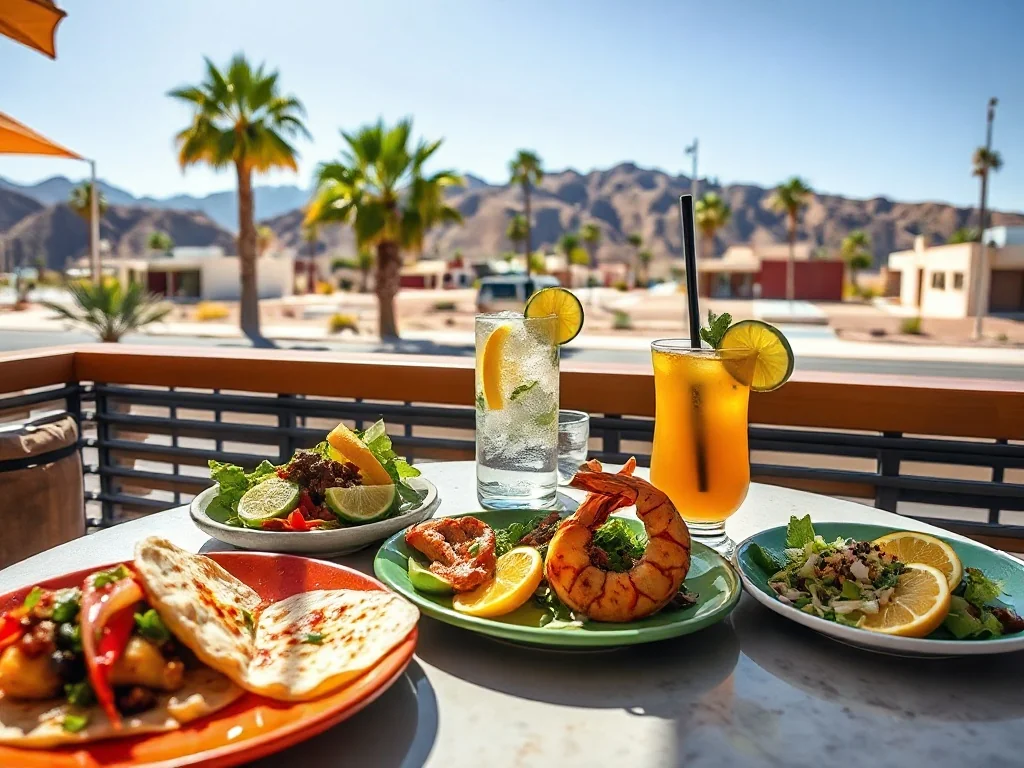 Kolorowe tacos, sałatki i grillowane krewetki w słonecznej kawiarni Palm Springs, z widokiem na palmy i góry w tle.