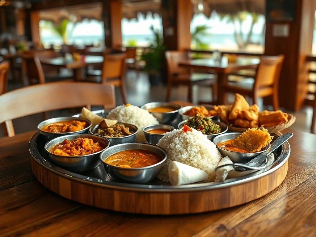 Tradycyjny południowoindyjski thali w restauracji nad morzem w Visakhapatnam, pełen kolorowych curry, ryżu, dosy i chutneyów.