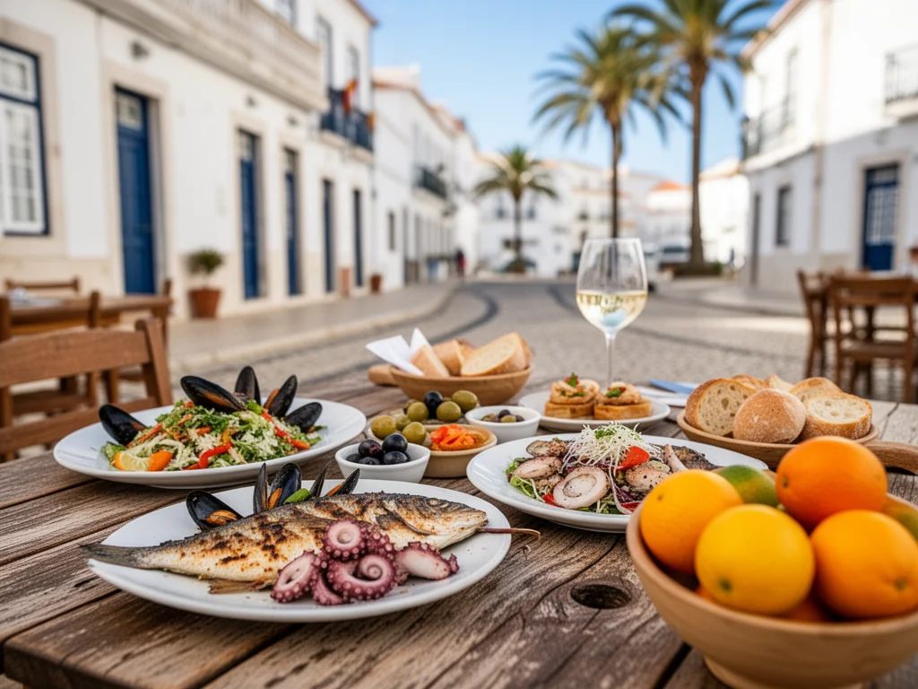 Stół w tavernie w Tavirze z talerzami świeżych owoców morza, grillowaną rybą, tapas i winem, w słonecznej, nadmorskiej scenerii