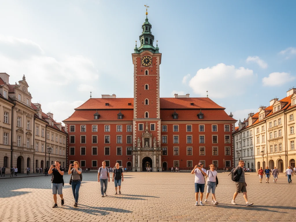 Zamek Królewski w Warszawie w słoneczny dzień, widok od strony placu z turystami spacerującymi po brukowanym rynku