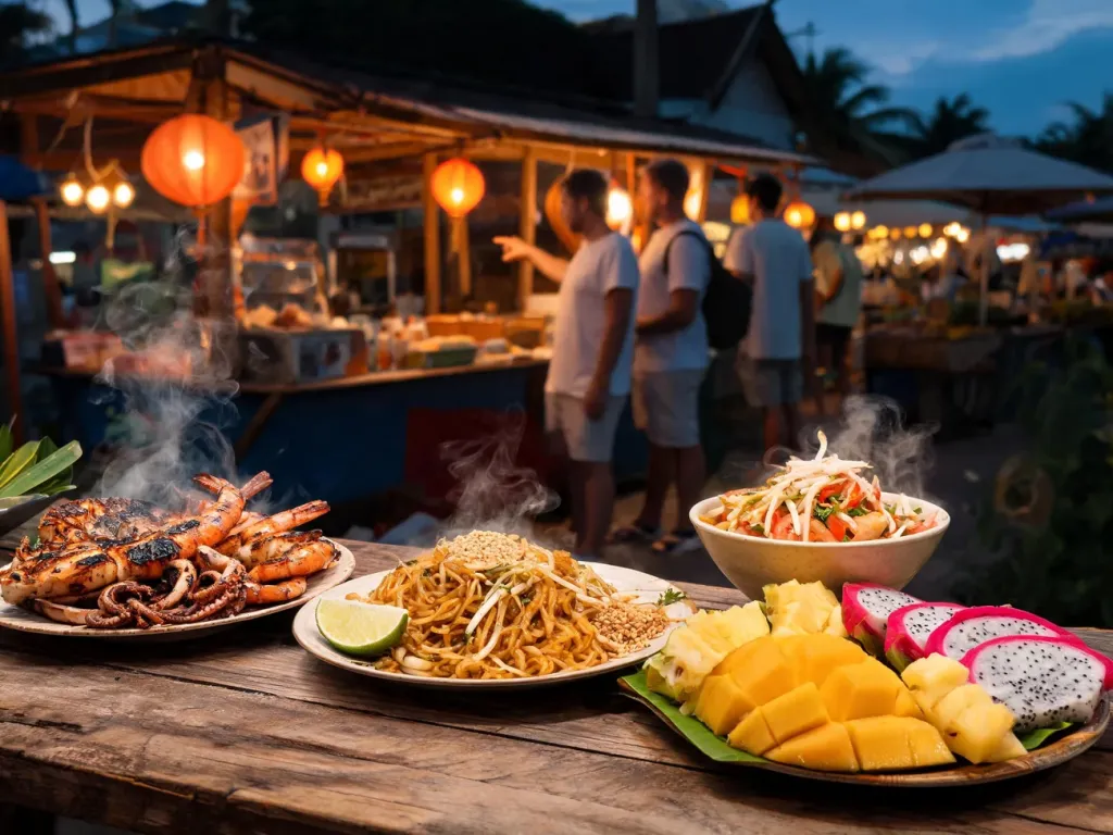 Kolorowe stoisko z tajskim street foodem w Hua Hin, talerze lokalnych dań zachęcają turystów na nocnym targu