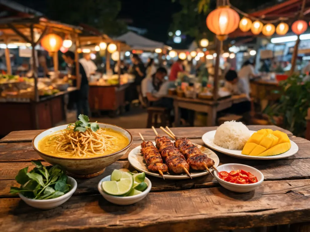 Tajskie street food w Chiang Mai: khao soi, szaszłyki, mango sticky rice i zioła na drewnianym stole w klimacie nocnego targu.