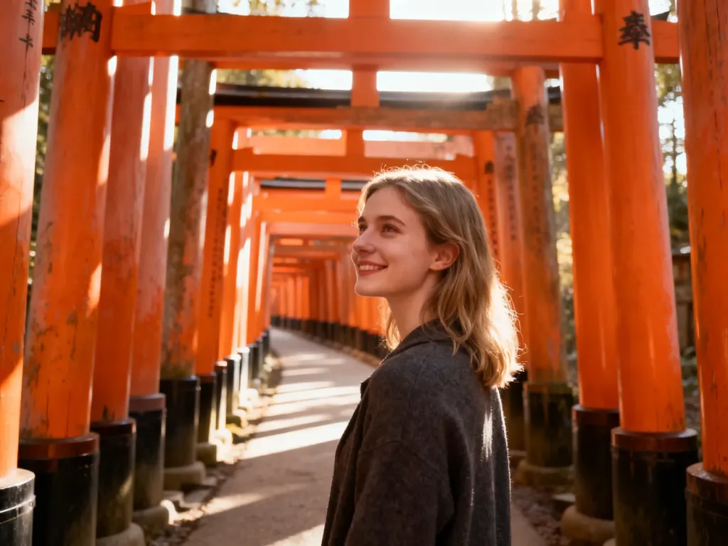 Młoda kobieta uśmiecha się, spacerując wśród tysięcy pomarańczowych bram torii w świątyni Fushimi Inari w Kioto.