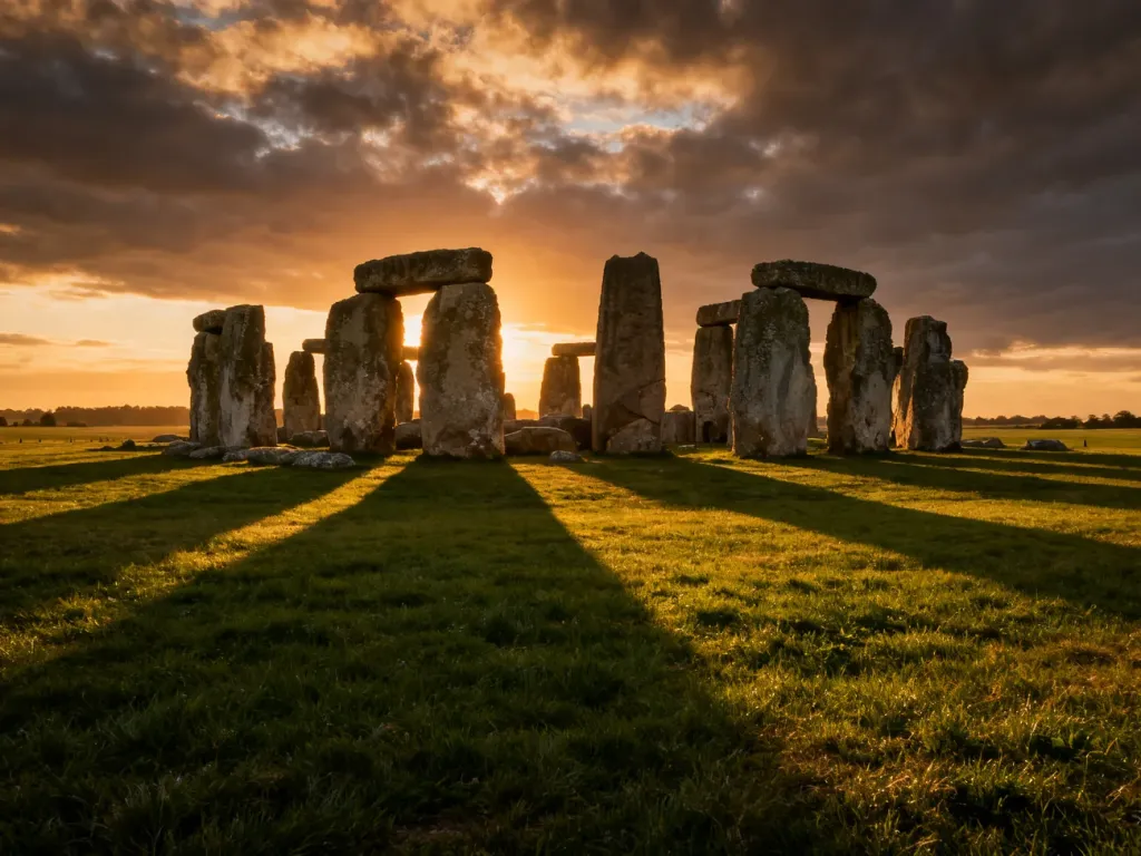 Starożytny krąg Stonehenge o zachodzie słońca z malowniczym niebem w tle.