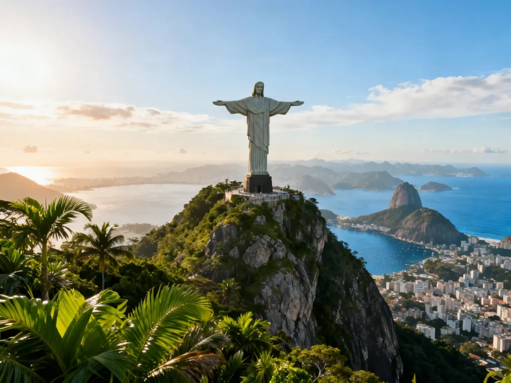 Posąg Chrystusa Odkupiciela górujący nad Rio de Janeiro na szczycie góry Corcovado w otoczeniu bujnej roślinności.