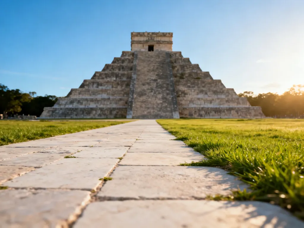 Majestatyczna piramida El Castillo w Chichén Itzá w promieniach popołudniowego słońca na tle bezchmurnego nieba.